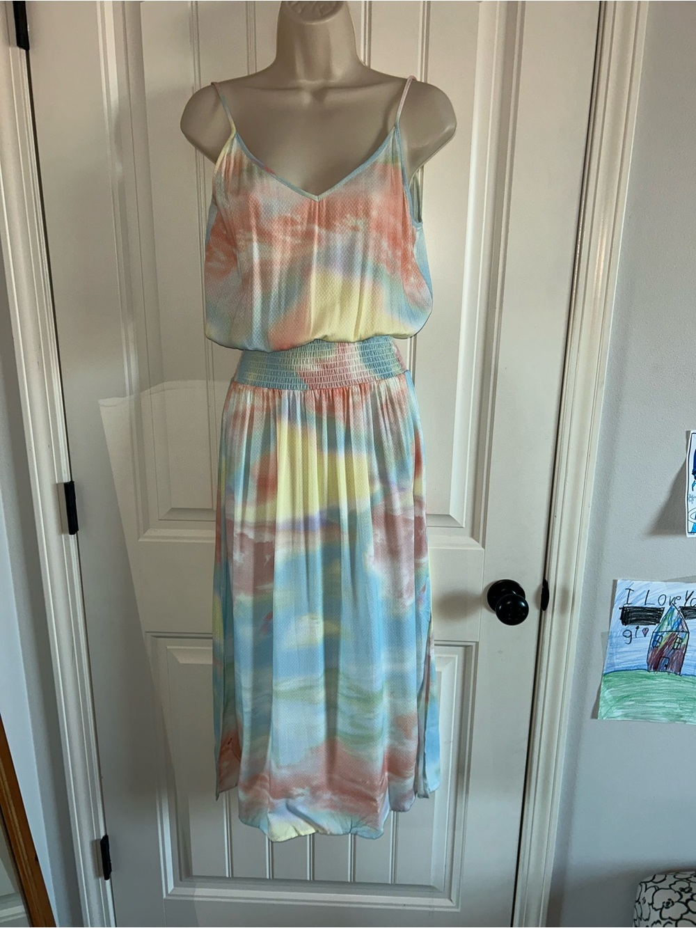 NEW Bobi Black Pastel Tie-Dye Smocked Waist Midi Dress Sz S